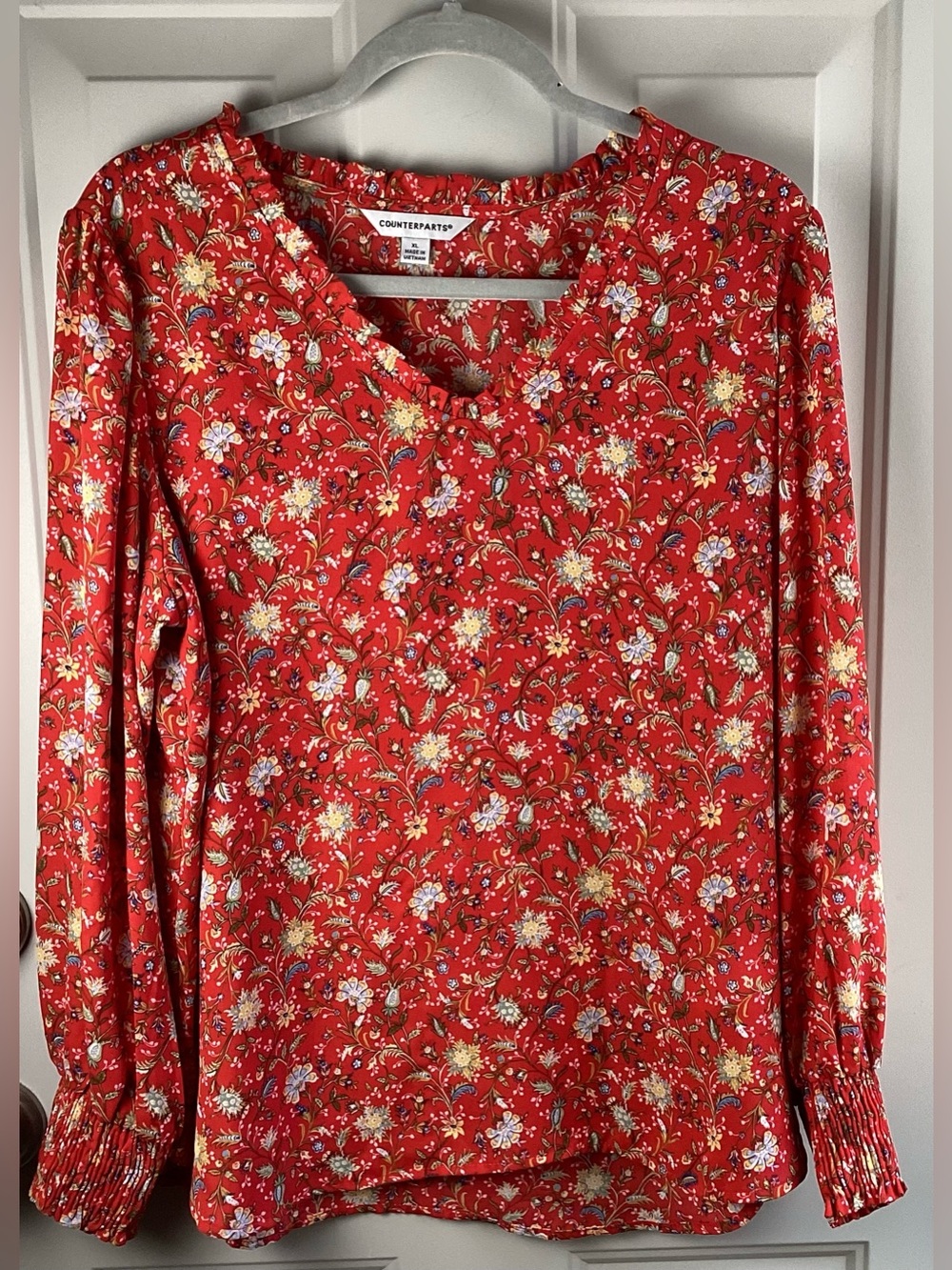Counterparts Red Floral V-Neck Long-Sleeve Blouse